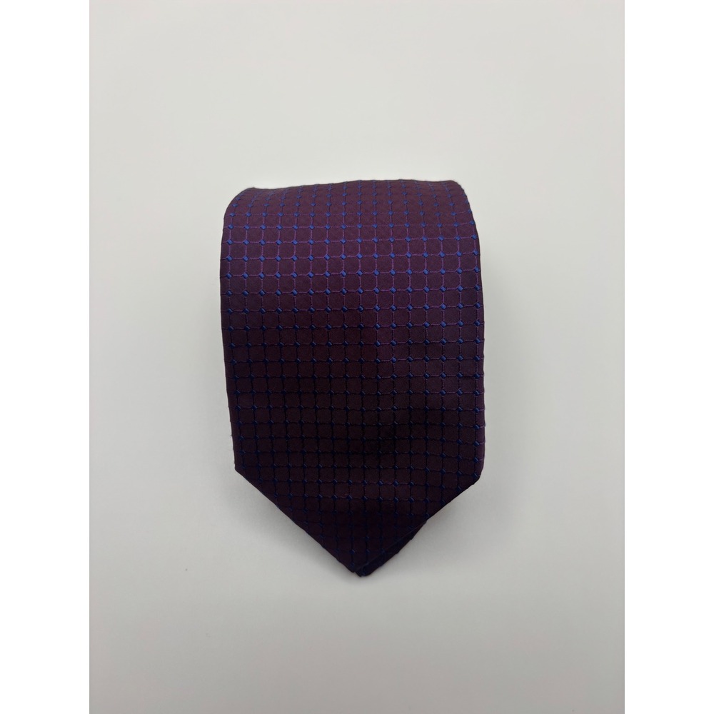 Hugo Boss Mens Silk Necktie Purple Blue Geometric Grid Pattern Formal Business